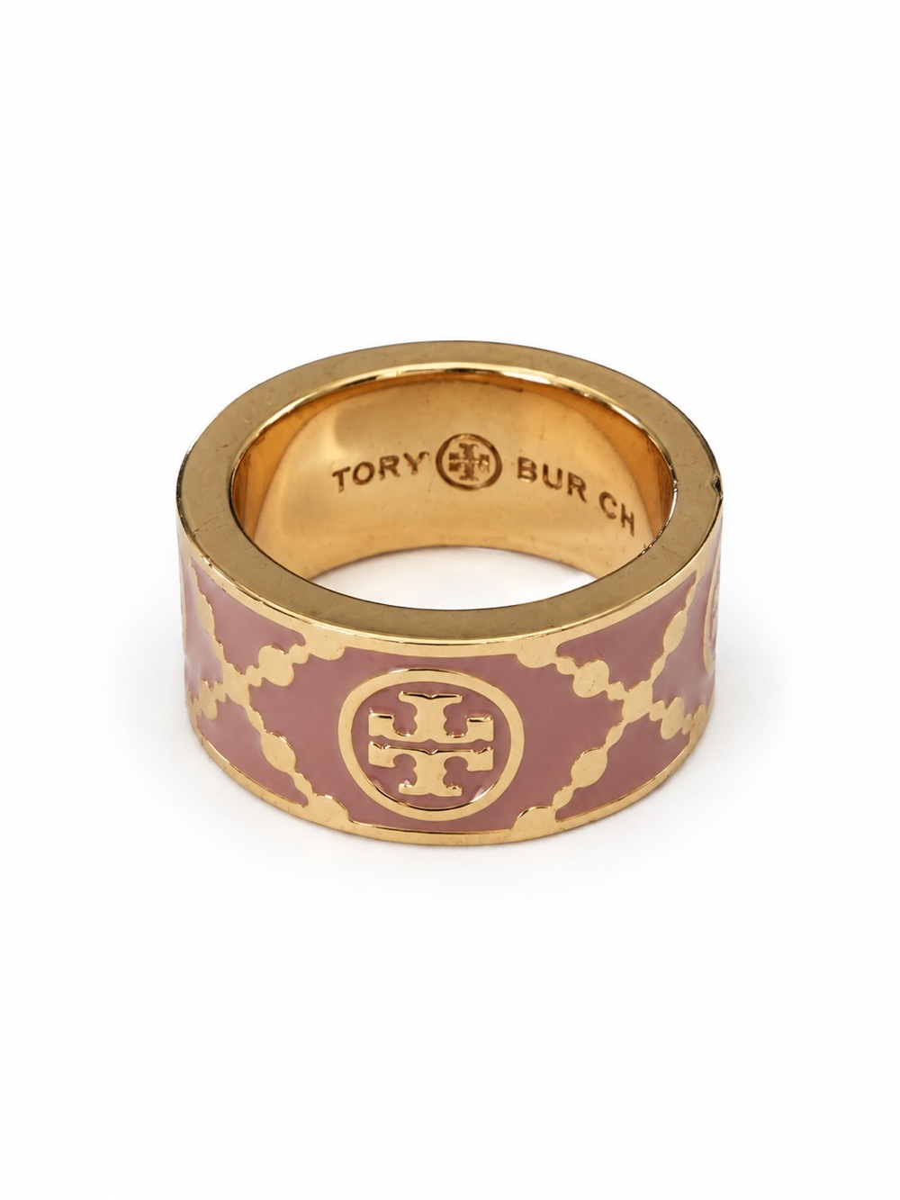 NWOT Tory Burch Pink Enamel Logo Band Ring Gold Tone size 8